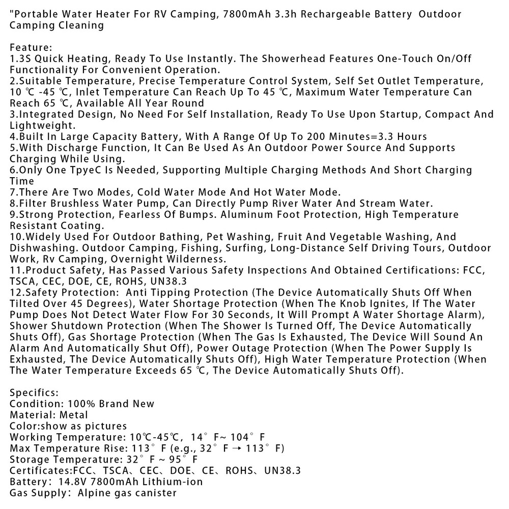 Portable Water Heater For RV Camping 7800mAh 3.3h Rechargeable Camping Cleaning