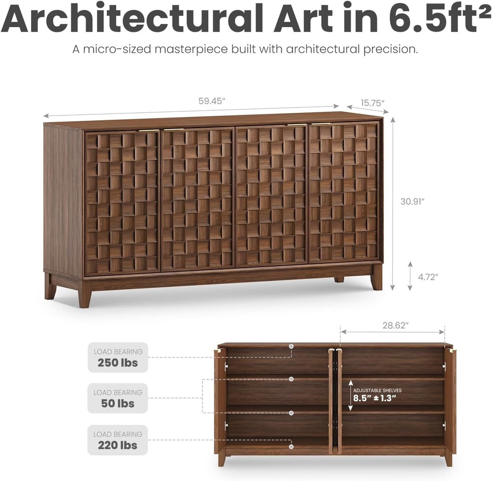 Fluted Sideboard Cabinet with Storage – Solid Wood Buffet for Dining Room, Crede
