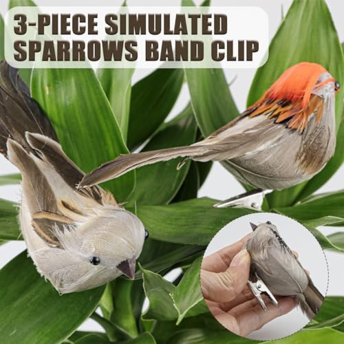 3 Pcs Artificial Sparrow Birds with Clip, Multi-colored, Solid Color, Chrome