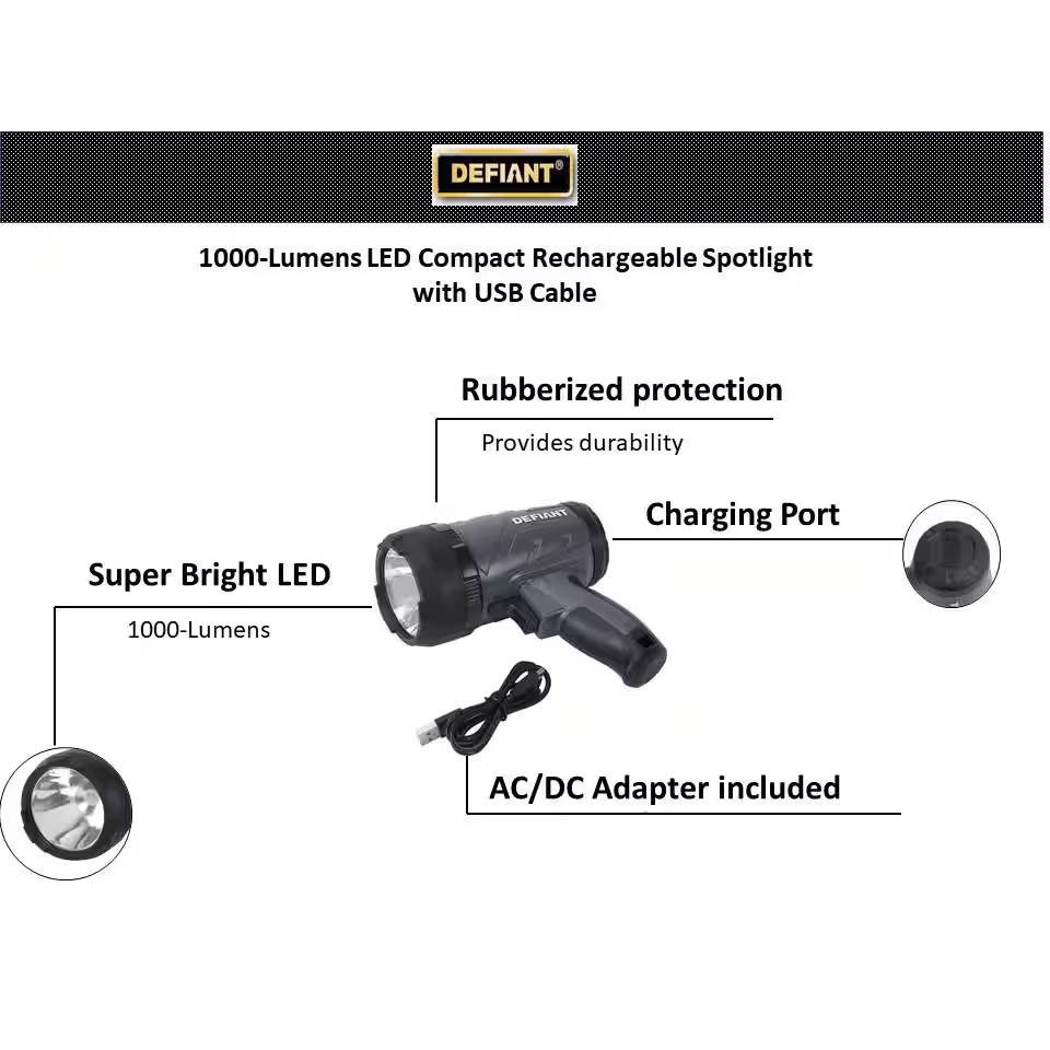 Defiant Rechargeable Spotlight 1000 Lumens LED Compact 3 Mode with USB Cable