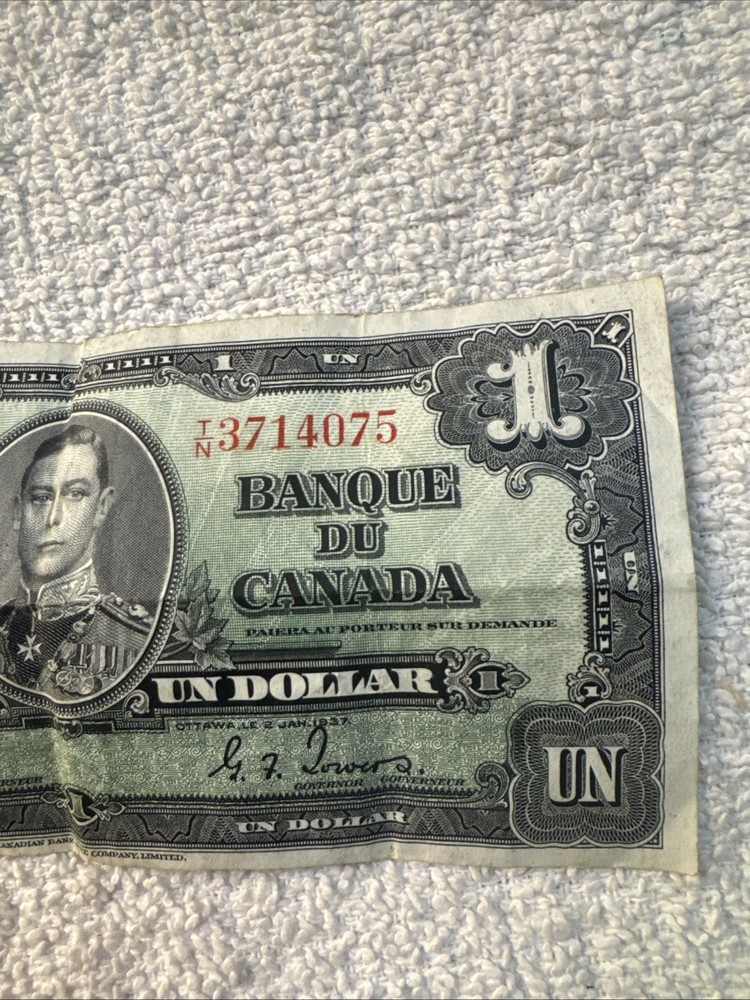 Vintage 1937 Canada One Dollar Banknote