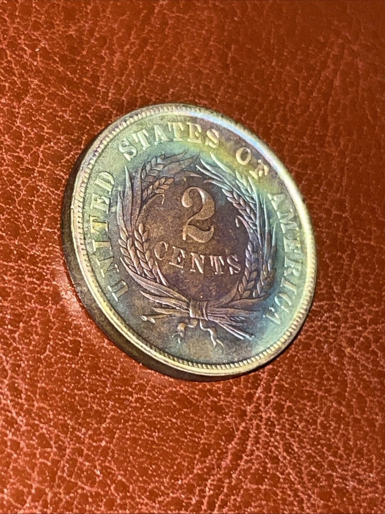1866 2C Two Cent Rainbow Toned UNC High Grade Coin