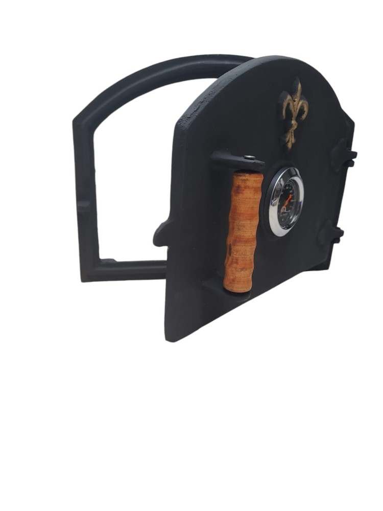 Wood-fired oven door with left handle