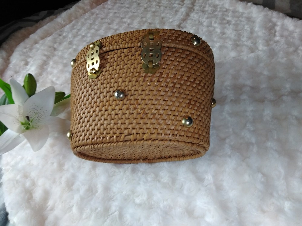 Brown Wicker Basket Handbag Purse Brass