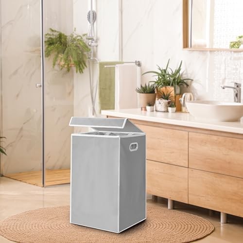 Foldable Laundry Hamper Basket with Lid and Removable Bag, Gray Grey