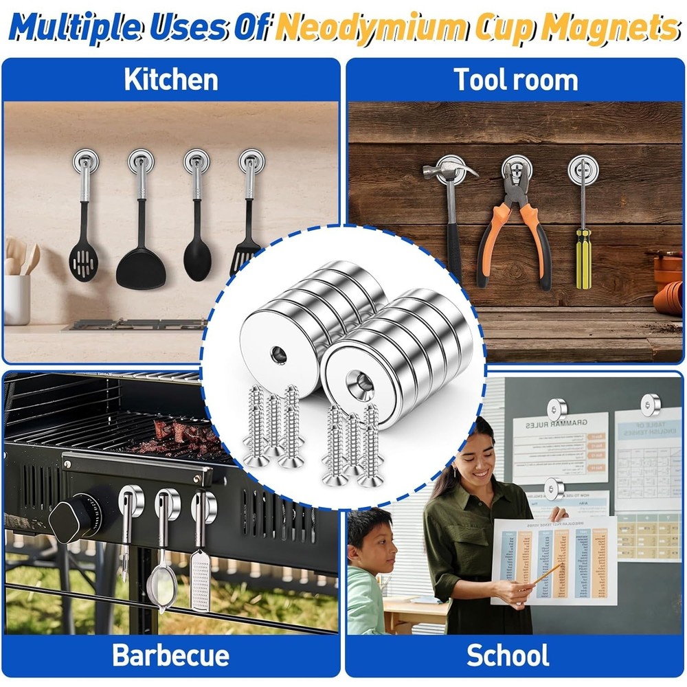 Durable 4 Pack Neodymium Cup Magnets - 60LBS Pull Force for Home & Garage