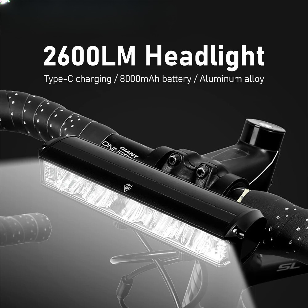 Bicycle Light Front 2600Lumen Light 8000mAh Waterproof Flashlight USB Charging