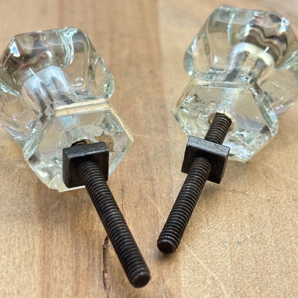 Pair Vtg Small Glass Drawer Pulls Knobs, 1.25"dia ONE W CHIP