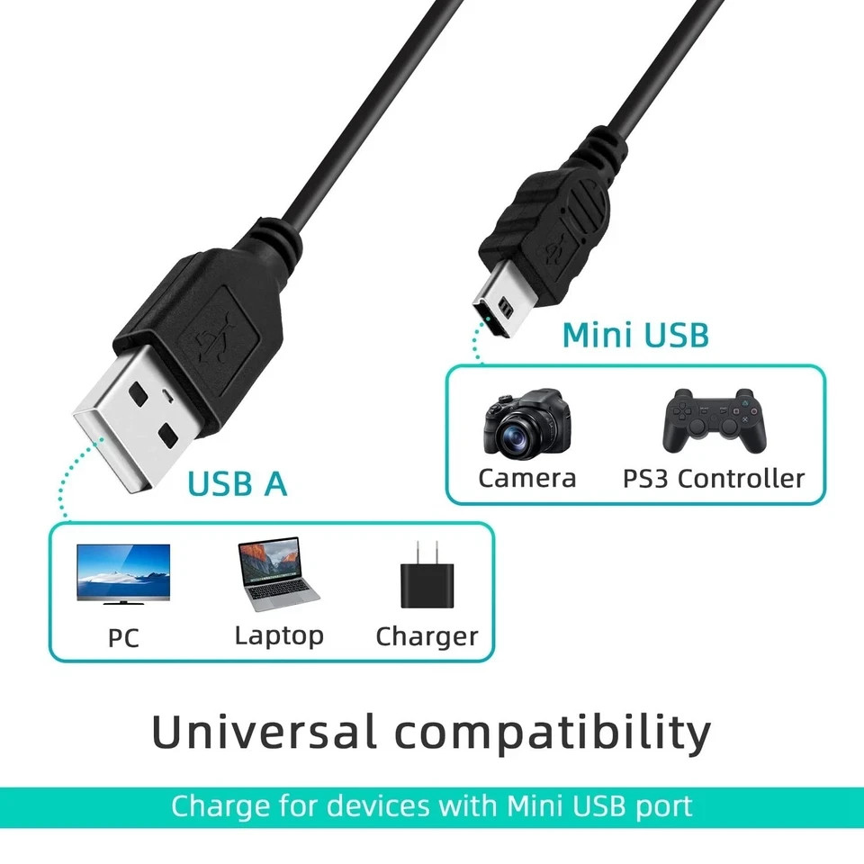 Mcbazel 2 Pack PS3 Controller Charging Cable, Mini USB Data Charging Cord for PS