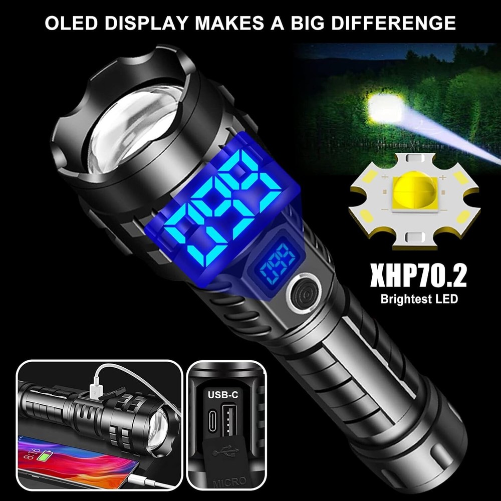 Worlds Brightest Flashlight 200000 lumens OLED Charging Display
