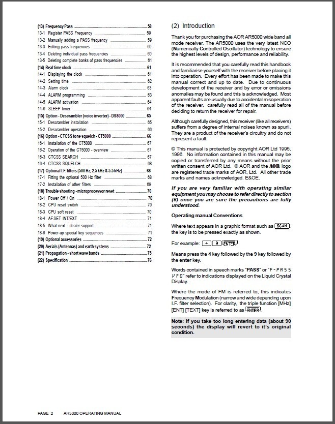 AOR AR-5000 & Addendum Manual: Receiver Operating Instruction Coil Bound