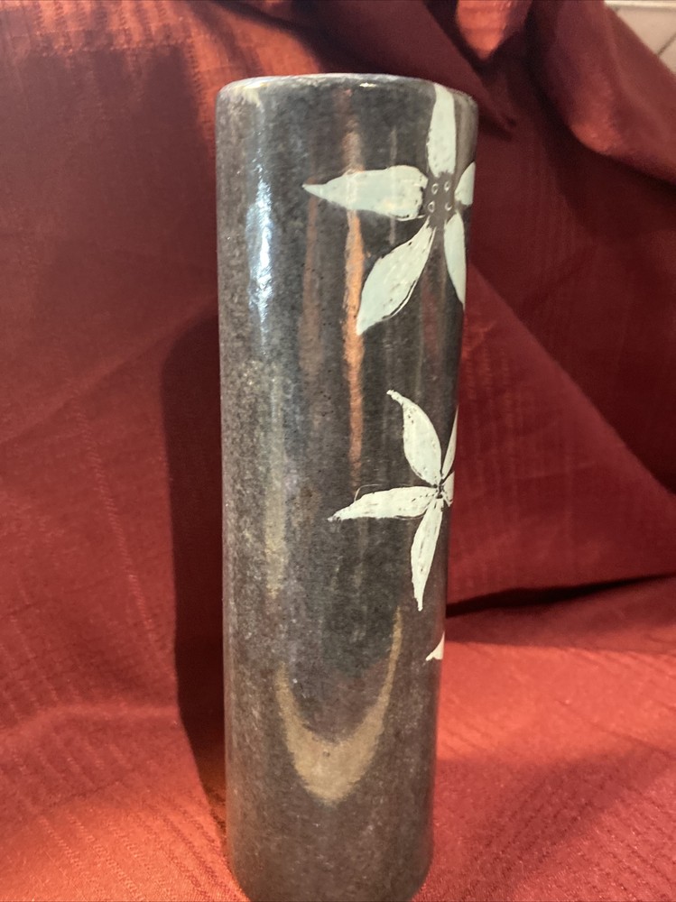 Handmade Ceramic GRAY Glazed with TURQUOISE Flowers...VASE...simple & nice!