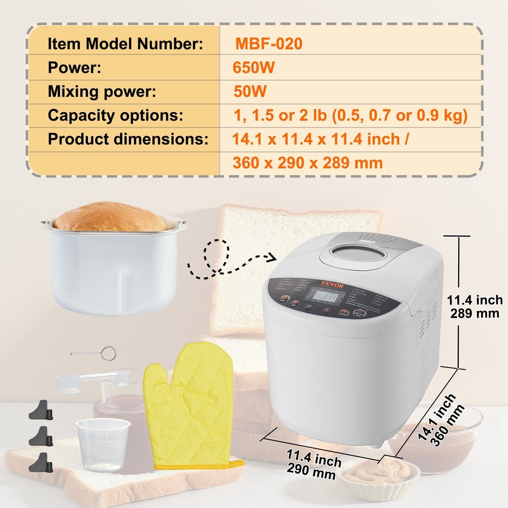 Bread Maker, 19-in-1 2LB Dough Machine, Nonstick Ceramic Pan Automatic Breadmake