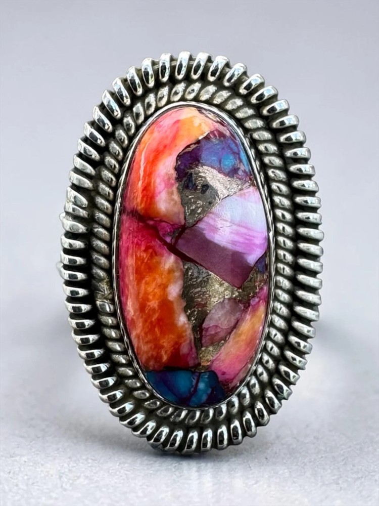 Kingman Pink Dahlia Turquoise Solid 925 Sterling Silver Ring – Size 9