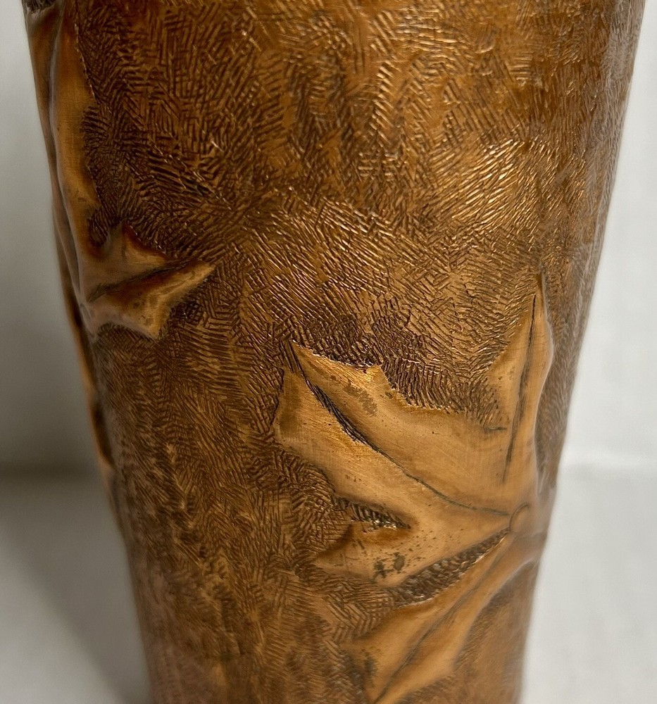 Antique Copper Hand Hammered 7” Pitcher With Stylized Leaf Forms