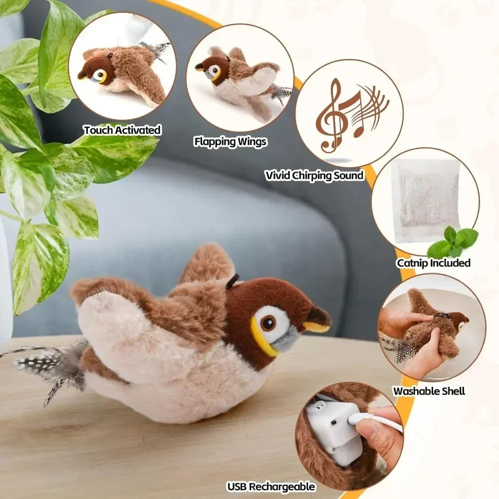 Electronic Interactive Fly Bird Cat Toys USB Pet Simulation Sparrow Toy
