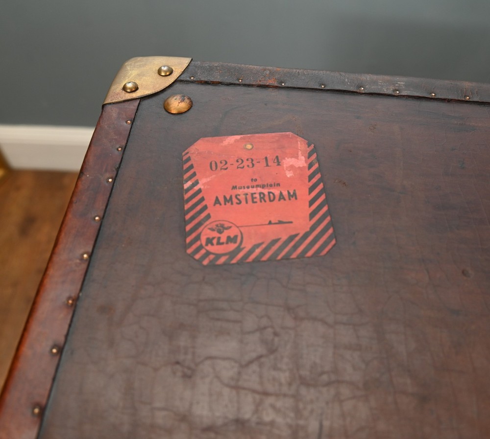 Vintage Leather Travel Trunk Steamer Case Table