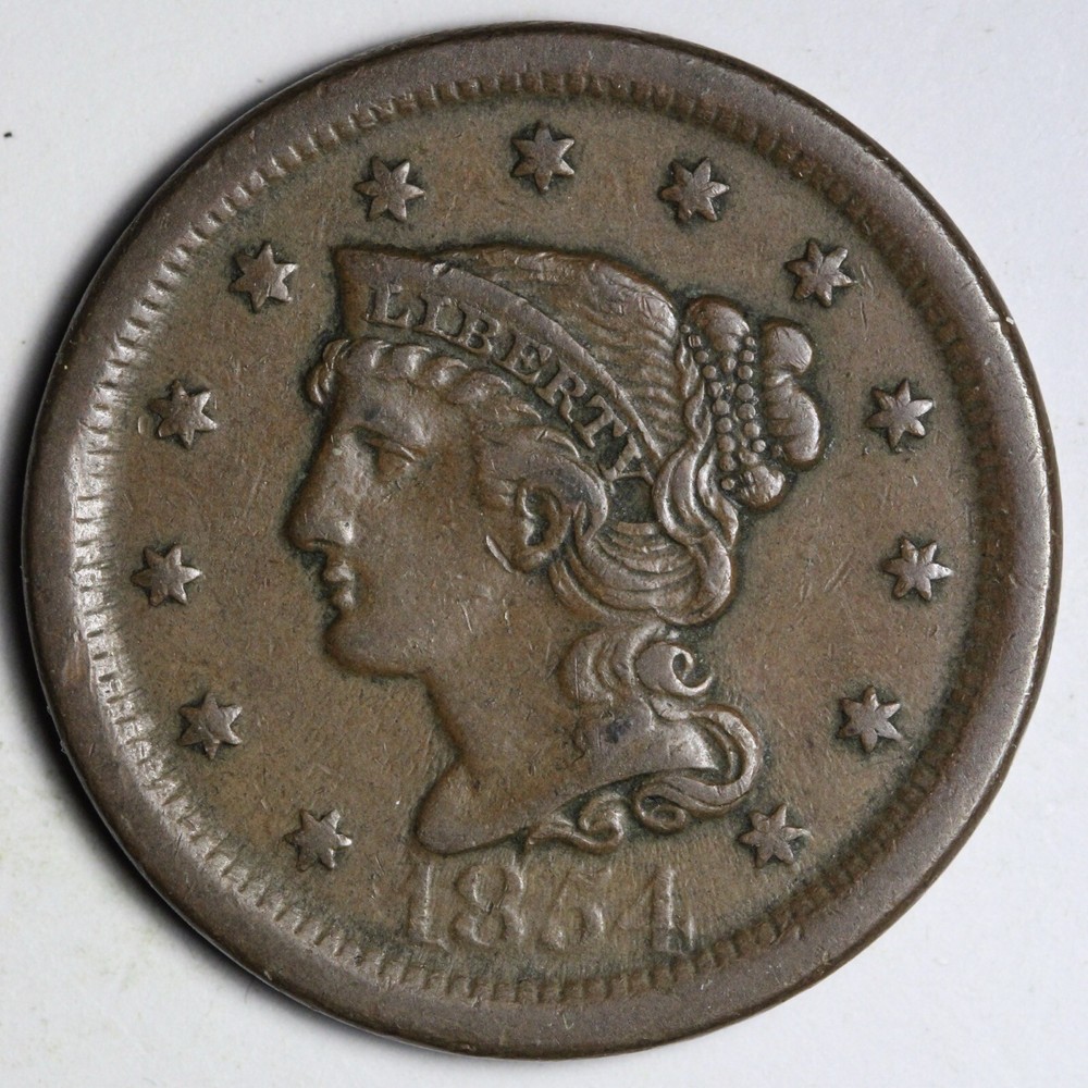 1854 Braided Hair Large Cent - XF+ - E511 KMR