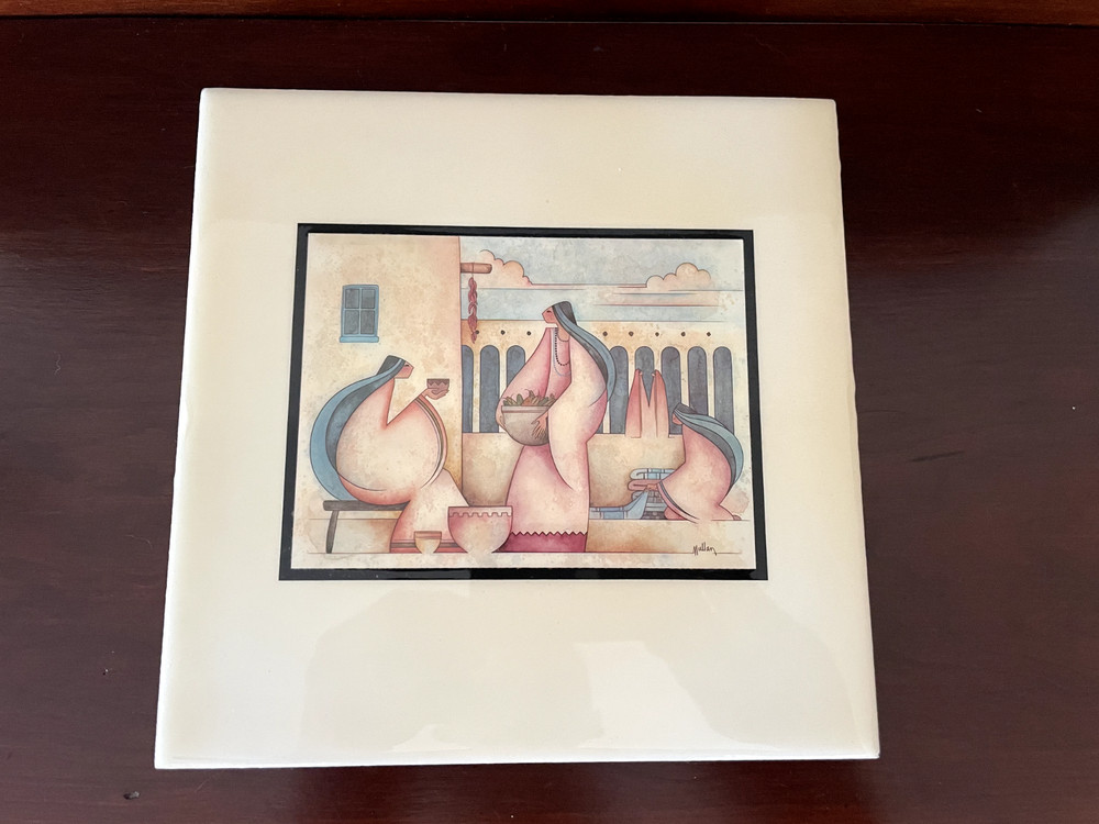 Vintage decorative tile by G.E. Mullan titled "El Mercado"