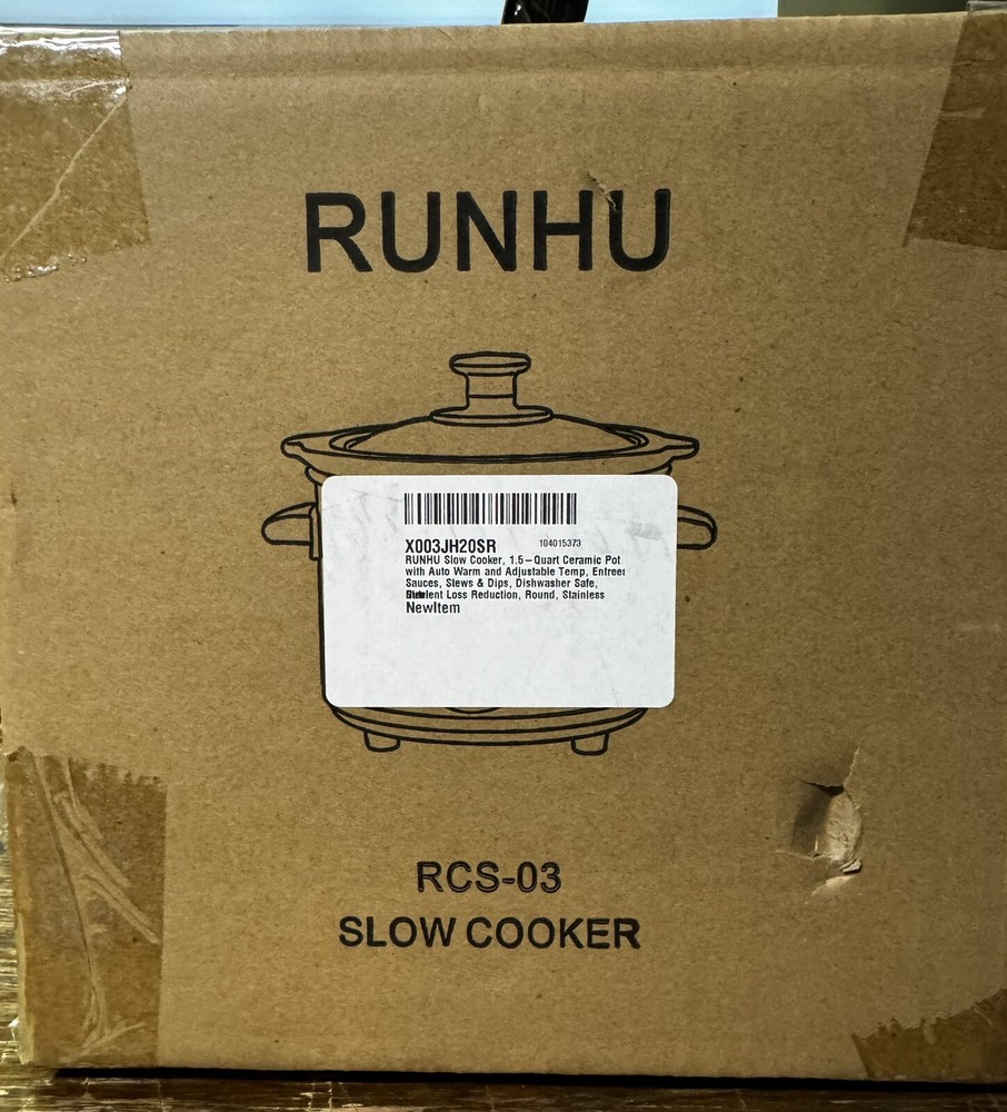 RUNHU Slow Cooker, 1.5-Quart Ceramic Pot with Auto Warm and Adjustable Temp