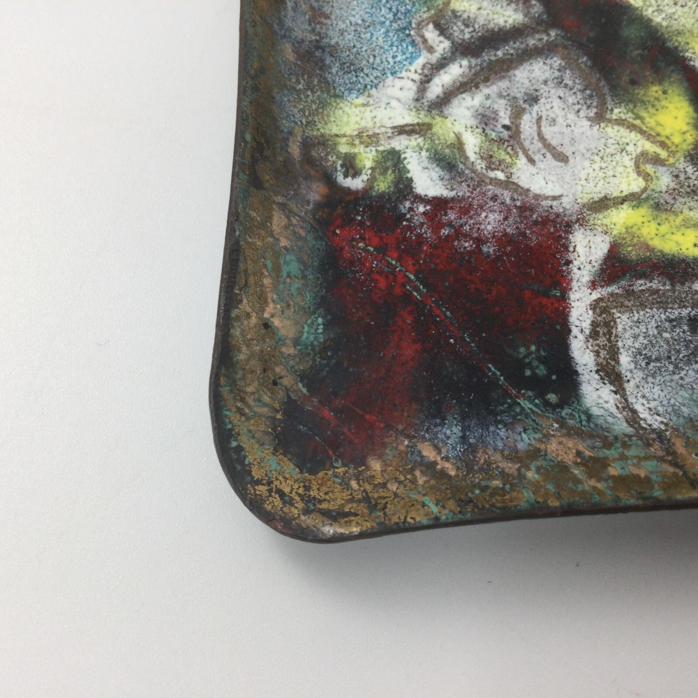 Vintage Copper Handmade Enameled Trinket Rectangular Abstract Dish 6"x5"