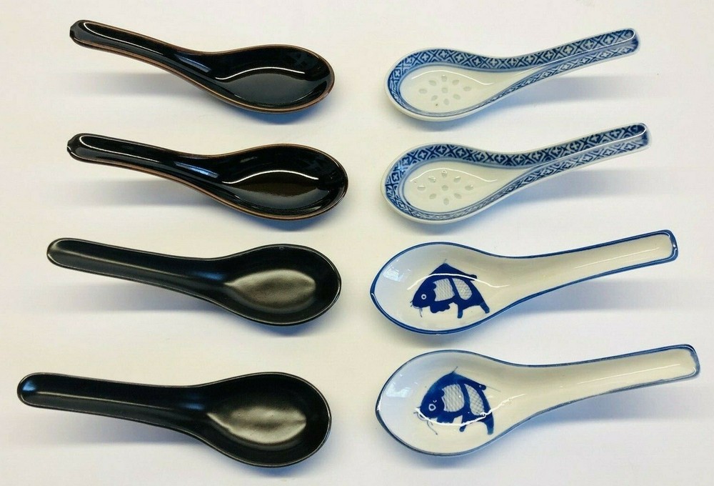 4 Sets Various Colors Ceramic Asian Soup Spoons 5.5" Long