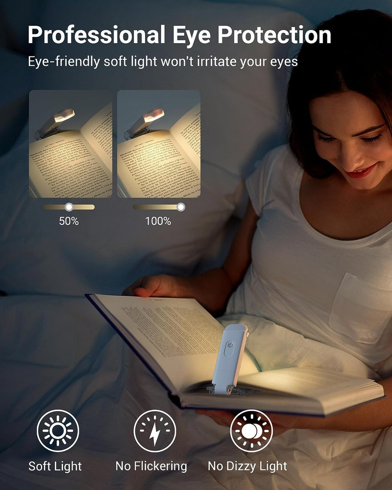 USB Rechargeable Book Reading Light, 3000K Warm White, Brightness Adjustable Cli