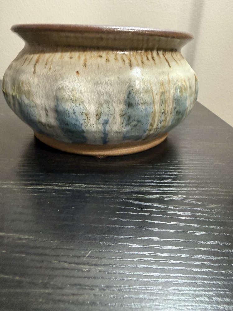 Bob Blanchard Signed Studio Pottery Planter Bowl Blue Drip Glaze