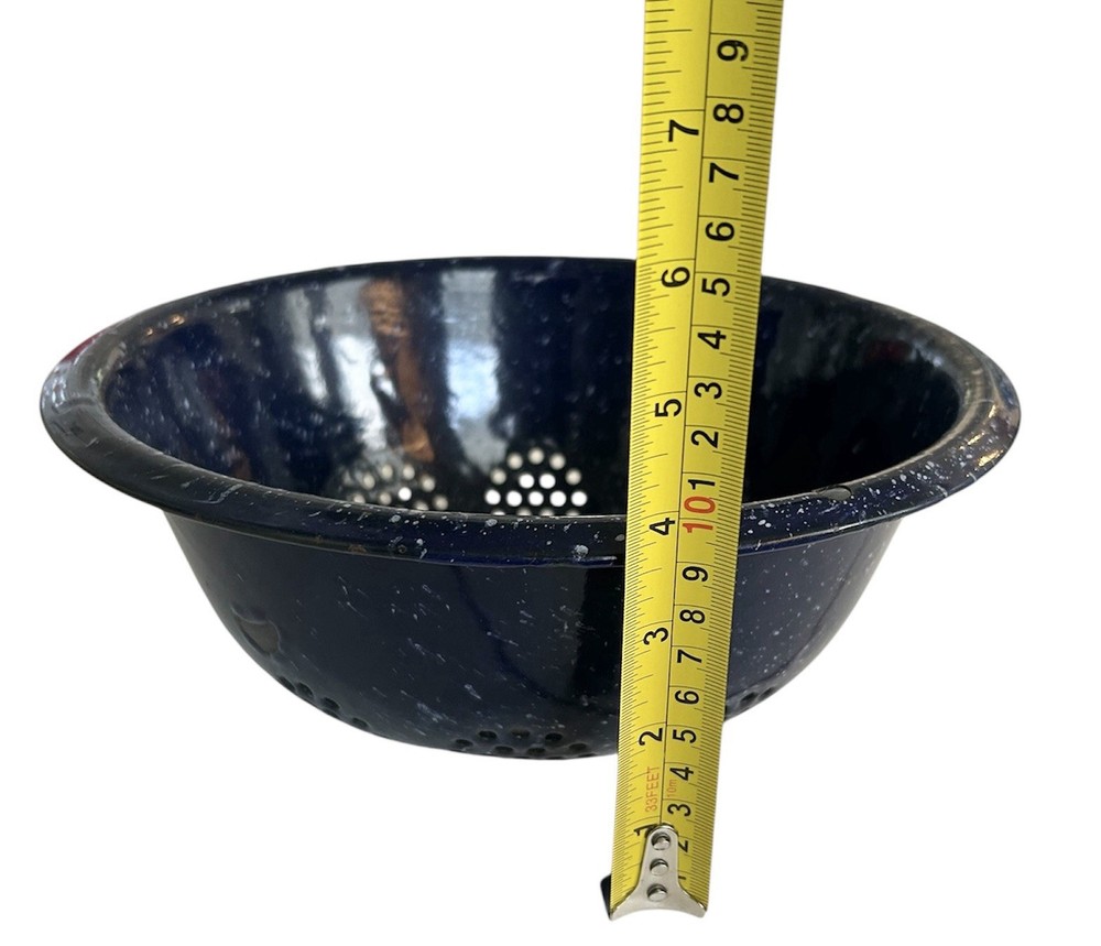 Vintage Cobalt Blue Speckled Enamelware Colander Strainer Graniteware 10.5"