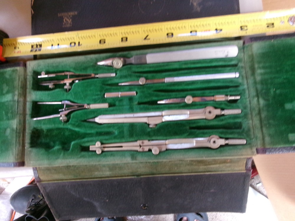 7 Vintage Drafting tools Compass+ Schoenner Germany in black case