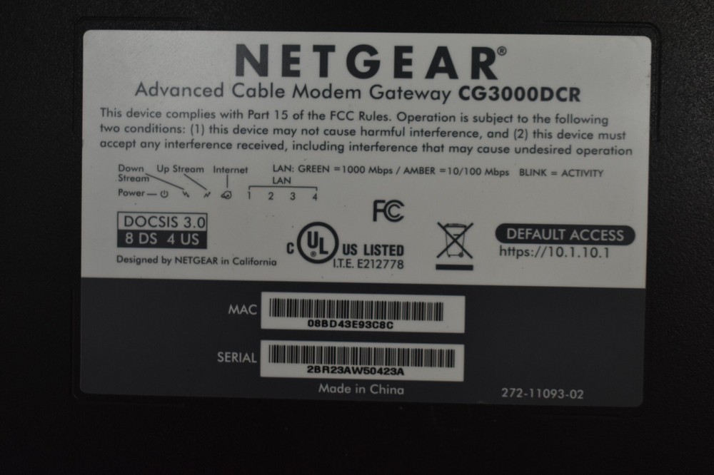 Netgear Comcast Advanced Cable Modem Gateway CG3000DCR Business Class Device