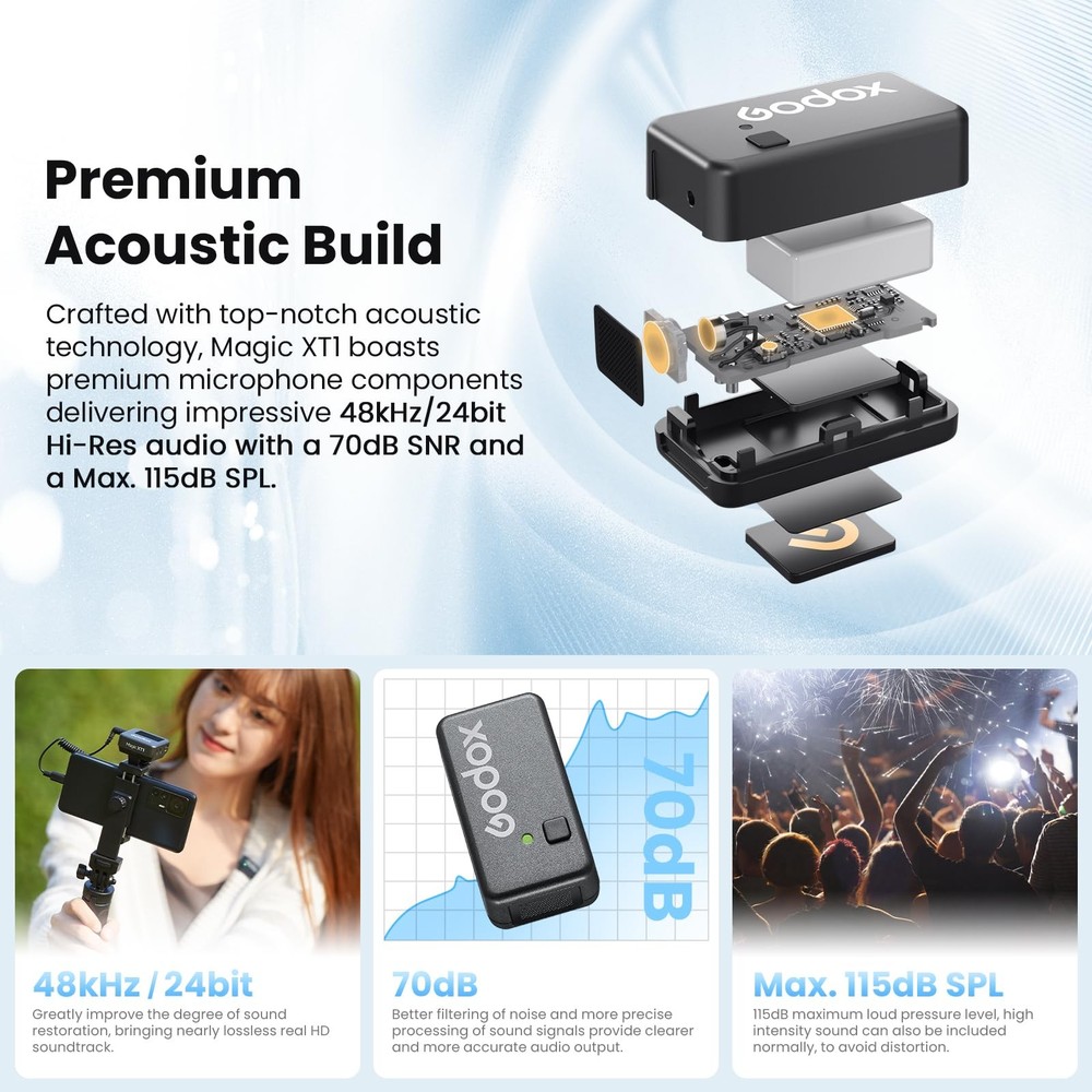 Magic XT1 Wireless Microphone for Camera/Android/iPhone, 48kHz/24-bit Noise C...