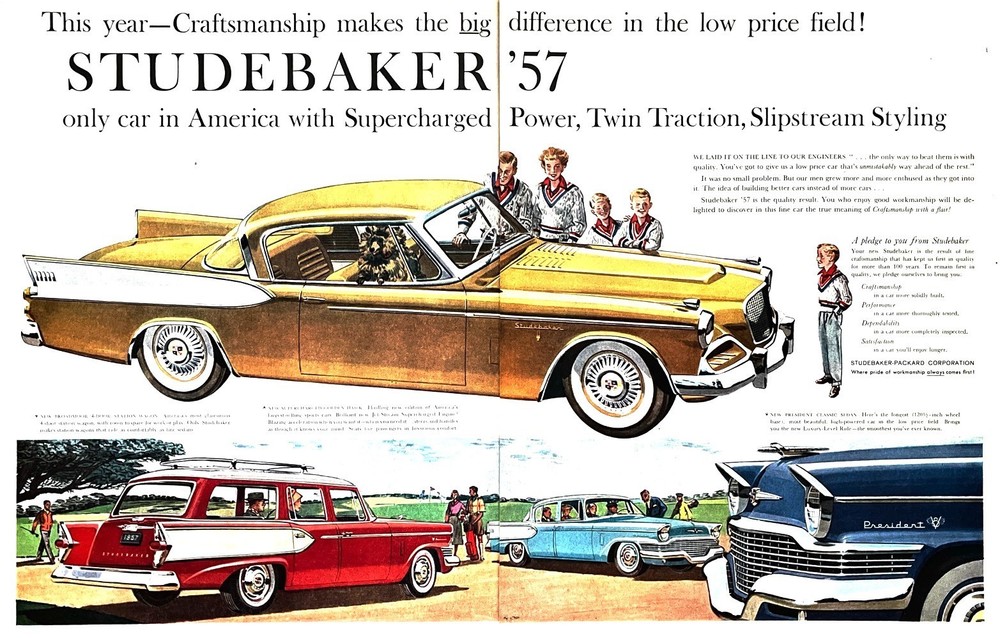 1957 STUDEBAKER Genuine Vintage 2-PAGE Print Ad 13" x 20"