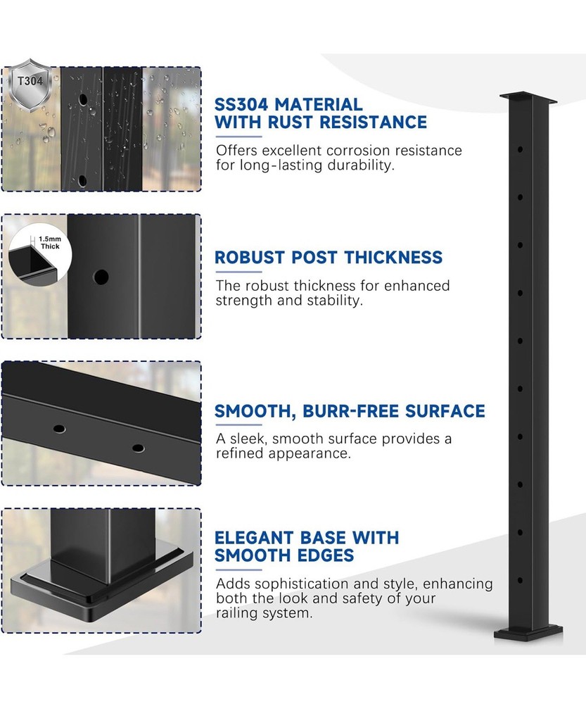 36" Cable Railing Post, Fixed Top Level Drilled Line Post with Cable