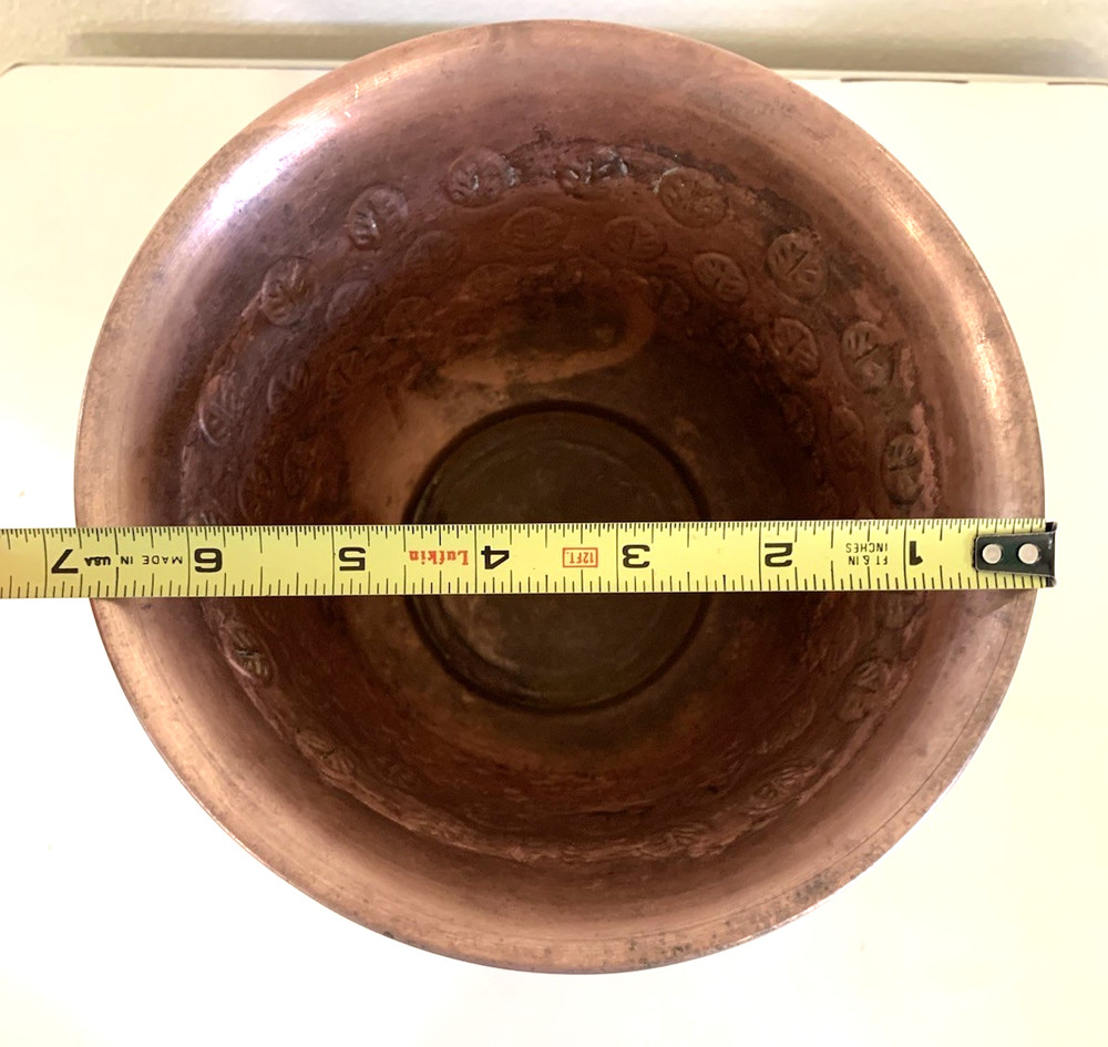 Antique Solid Copper Flower Planter With Stamped Leaf Design 6”