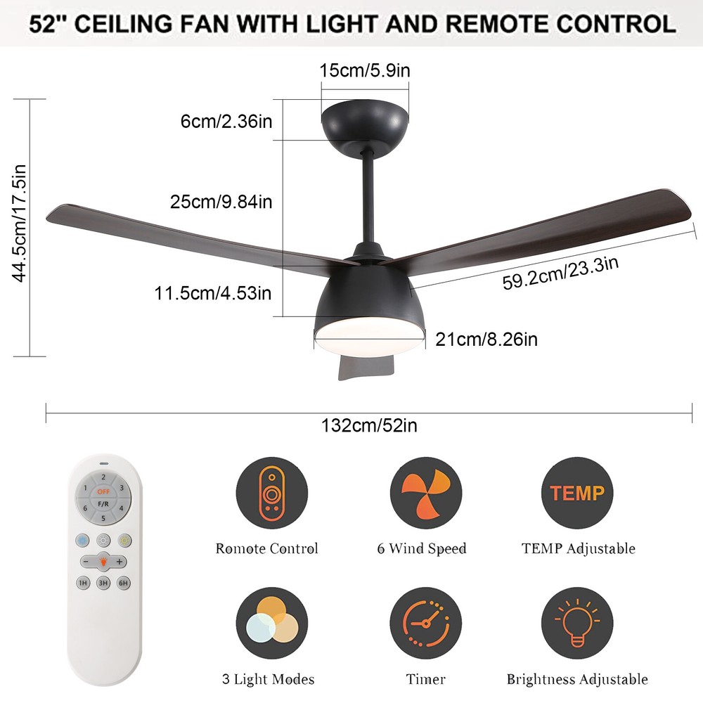 52" LED Ceiling Fan Light with Remote Control 6 Speed Settings Timing Option