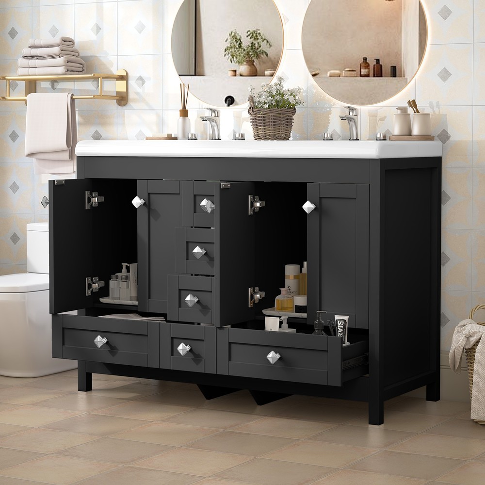 47"  2 Doors Black Bathroom Vanity Cabinet w/ Double Ceramic Sinks & 6 Drawers