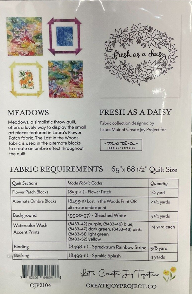 CREATE JOY PROJECT #CPJ2104 - MEADOWS QUILT PATTERN 65 x 68 1/2