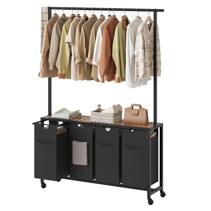 Laundry Sorter 4 Section, Rolling Laundry Hamper with Hanging Rack, Laundry S...