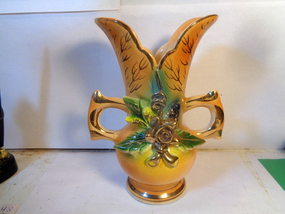 Floral Pattern double Handle 7 3/4: Ceramic Vase, 1982, Mexico (Used)