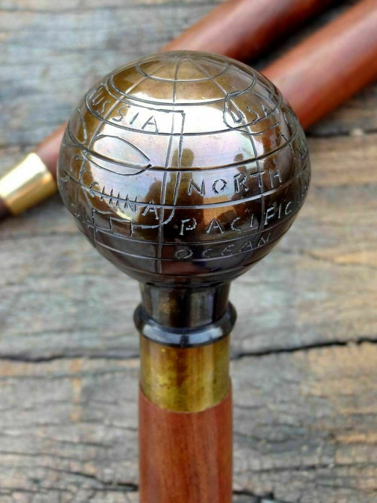 Wooden Walking Stick with Globe Brown