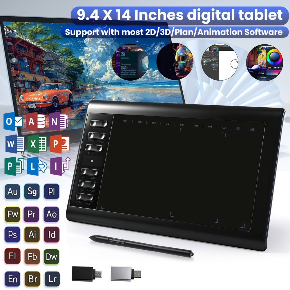 Drawing Tablet Large Area Graphics for Windows/Android/Mac+60°Tilt-Sensitive Pen