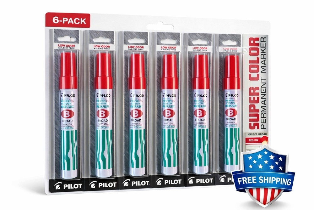 Pilot Super Color Permanent Marker Red Chisel Tip 6 Pack Broad Tip (44108)