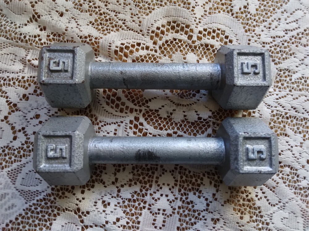2 Vintage Silver Cast Iron 5 Pound Hex Dumbbell Weights