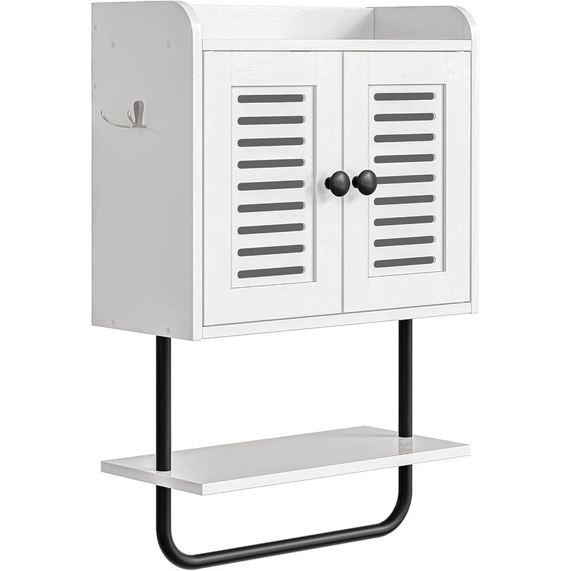 Wall Mounted Bathroom Storage Cabinet Adjustable Shelf Hooks Shutter Design New
