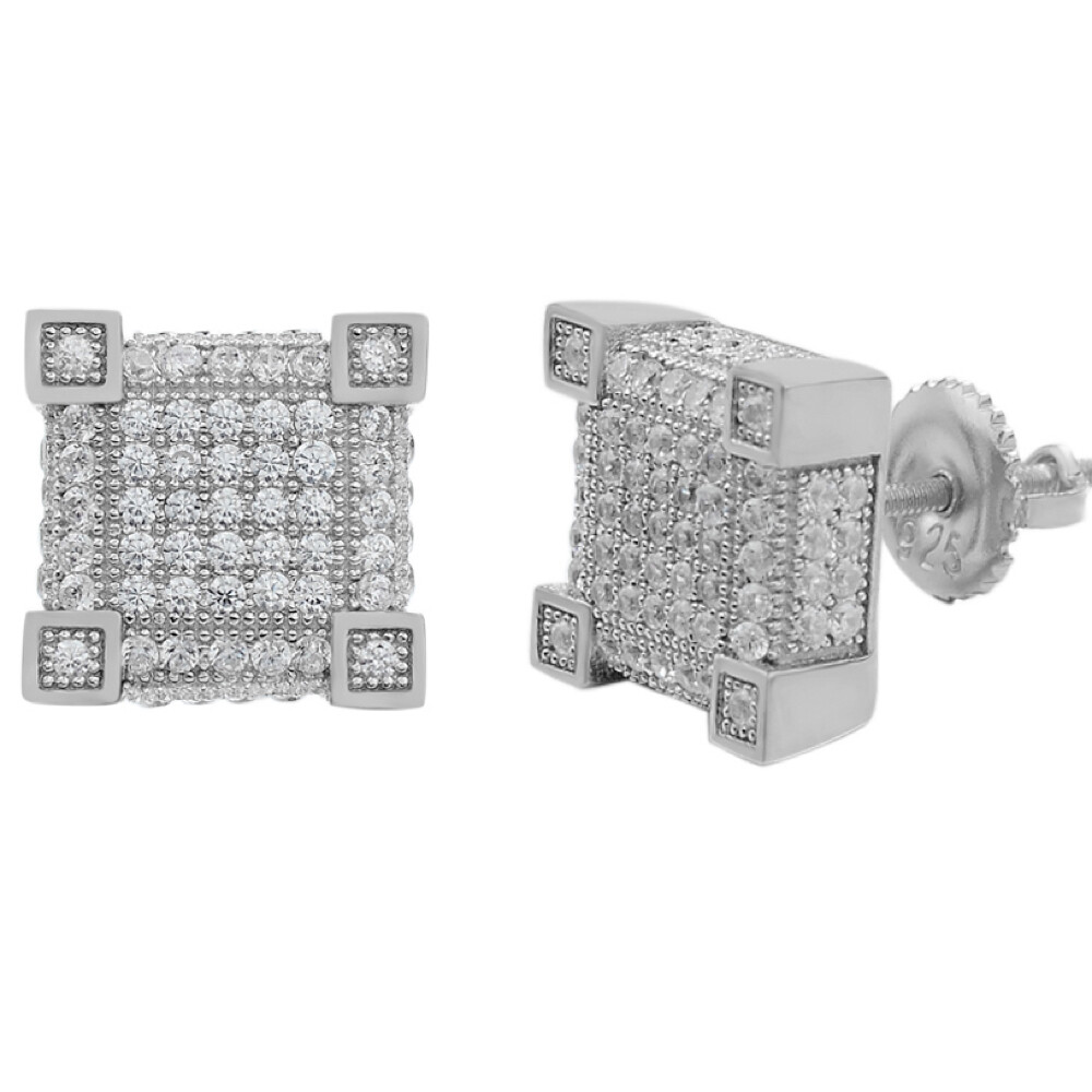 Mens Real Solid 925 Silver Iced CZ Hip Hop Earrings Studs Screw Back Cube