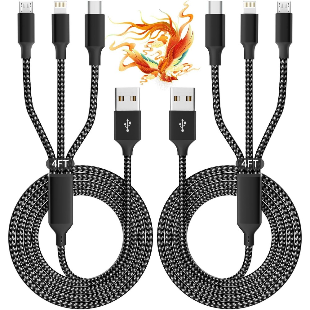 IDISON Multi Charging Cable(2Pack 4FT), 3 in 1 USB 2Pack 4FT, Black Gray