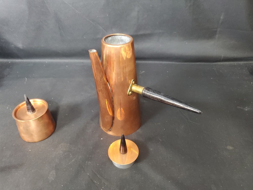 Mid Century Modern B&M Douro Angular Copper & Teak Coffee Pot Set Portugal 3pc