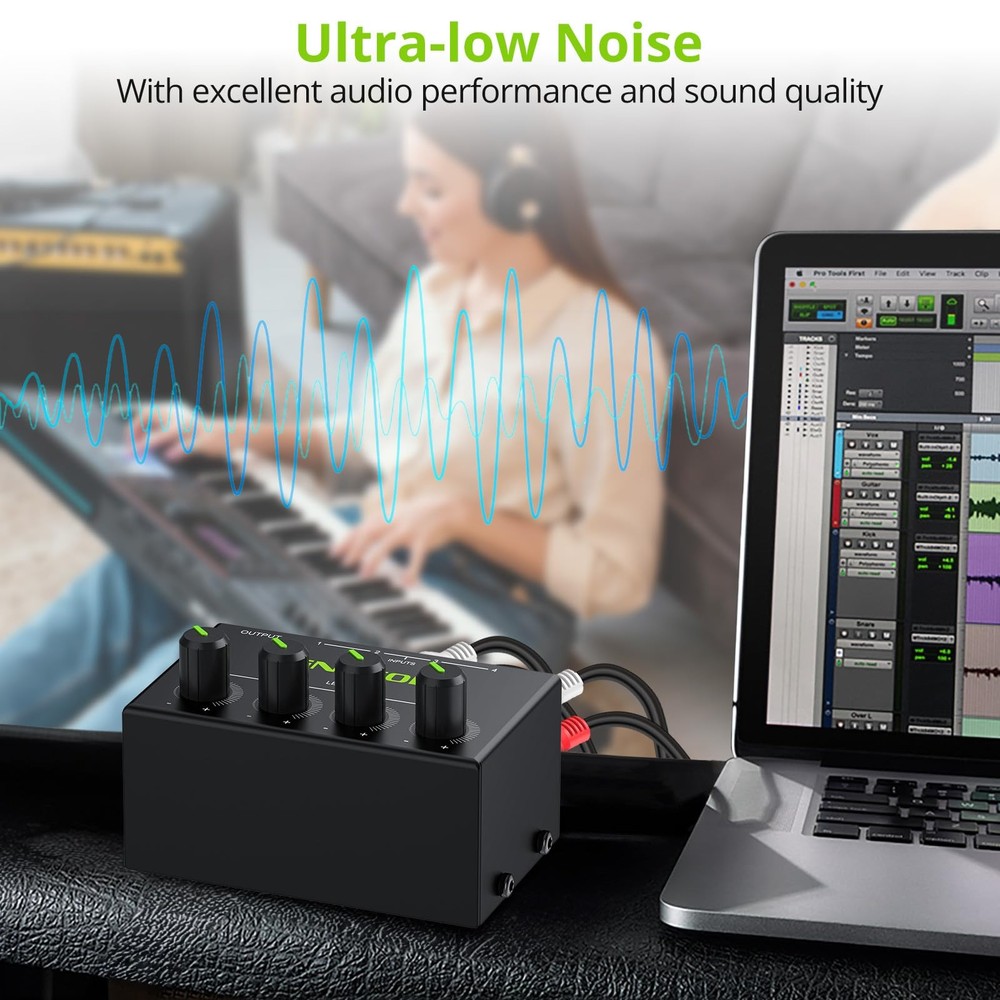 4 Channel Stereo Audio Mixer Mini Passive RCA Input Output with Volume Control
