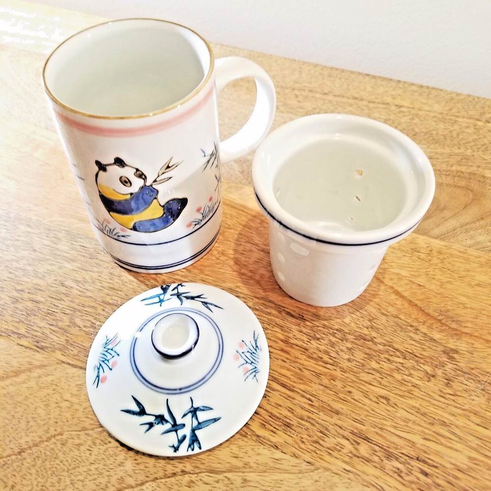 Blue Moon Panda Bear Lidded Tea Infuser Mug Cup Lid Ceramic Teacup Pot Maker